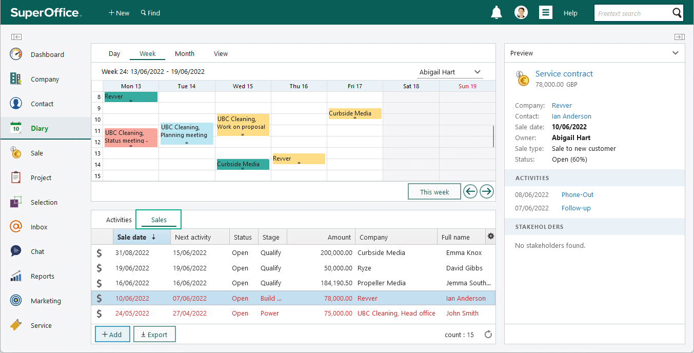 Go to the Diary and get an overview of all the sales that are not yet completed -screenshot