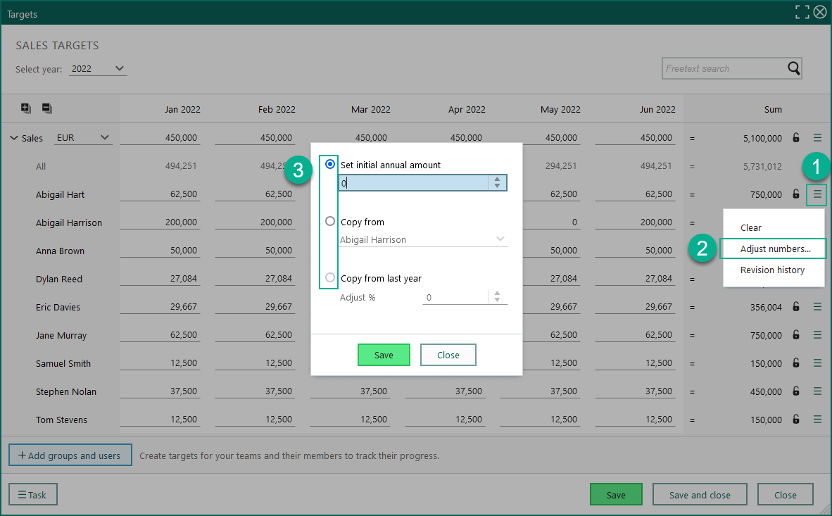 Adjust numbers for a specific user, user group or the company target -screenshot