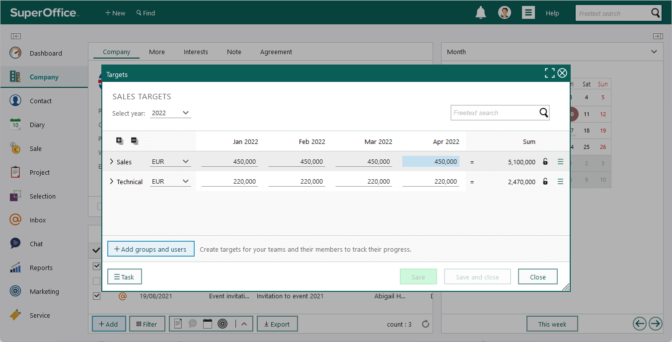 The Target dialogue will give you an overview of the sales targets -screenshot