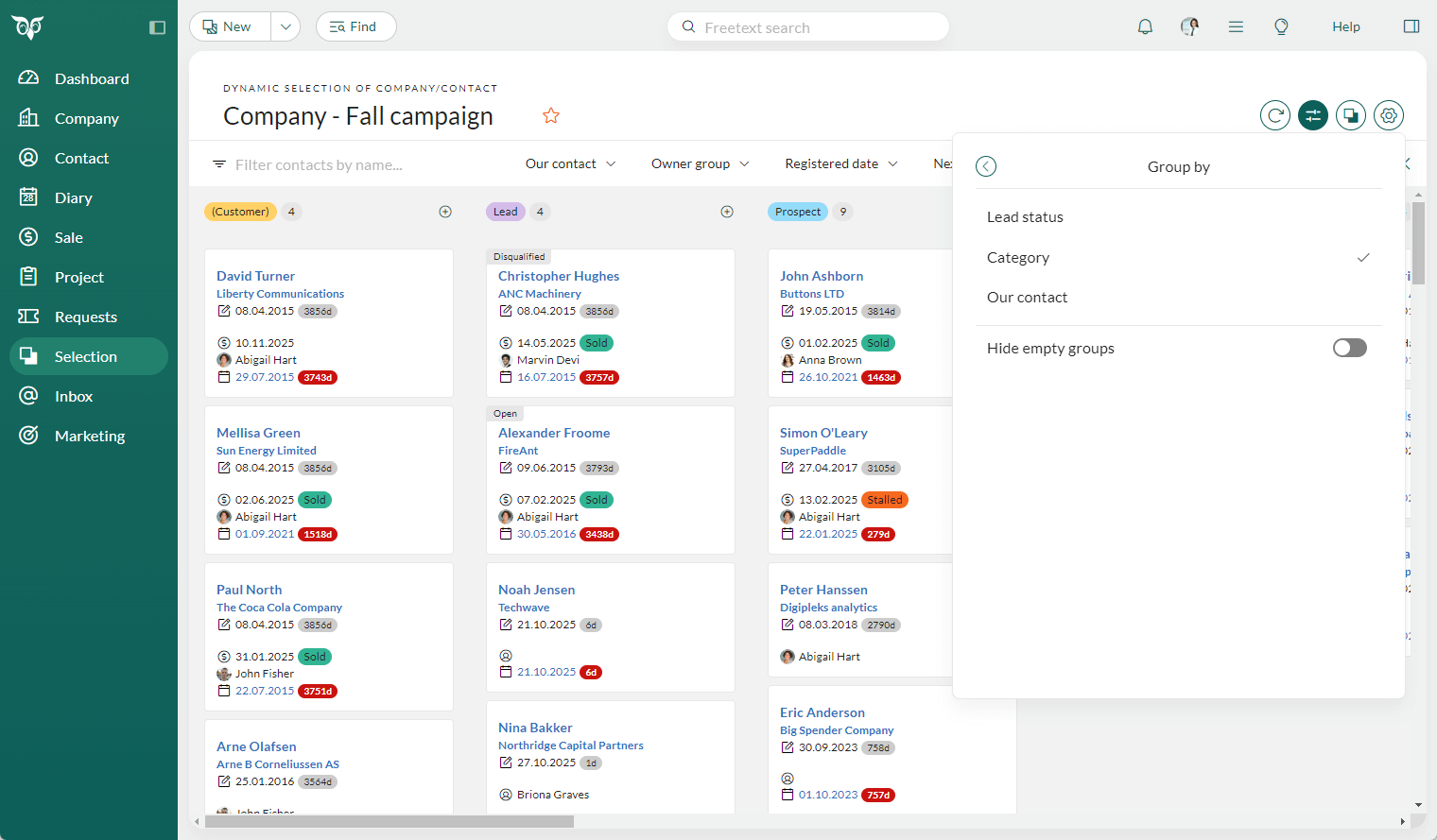 Board view for company and contact with group by settings -screenshot