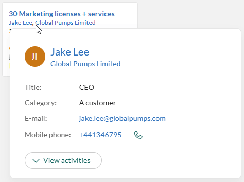 Hover preview showing contact details on a card -screenshot
