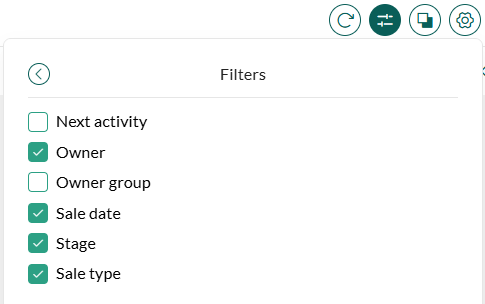 Filter settings showing available sales fields such as Stage and Owner -screenshot