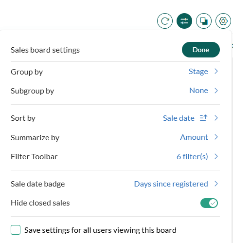 Sales board settings panel showing options for grouping, sorting, summarizing, filters, sale date badge, and hide closed sales. -screenshot