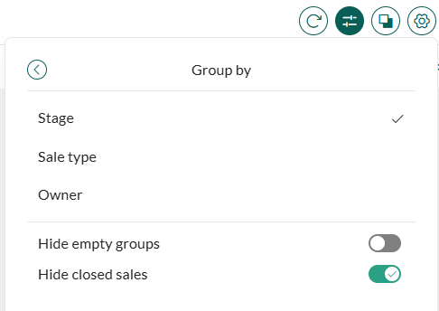 Group-by menu showing available sales fields such as Stage and Owner -screenshot