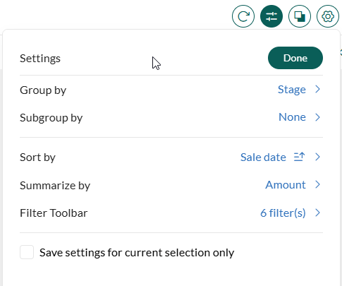 Board view settings panel for sales selections showing grouping options -screenshot