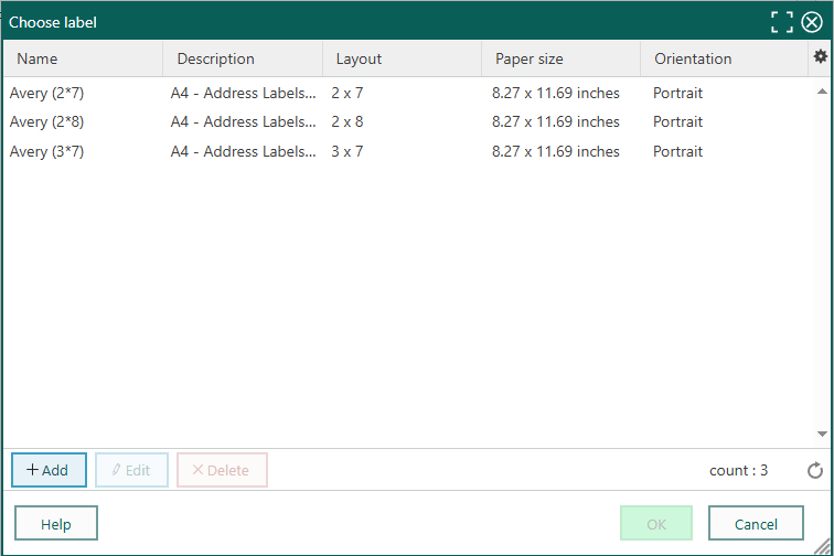 Selection task print - choose label layout -screenshot