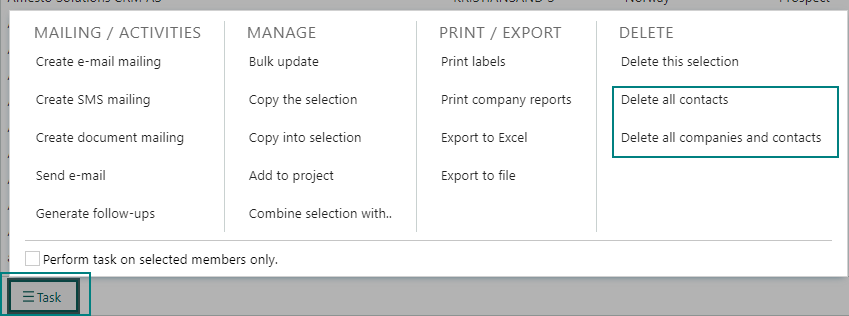 From the Task button on the selection screen you can mass delete companies and contacts -screenshot