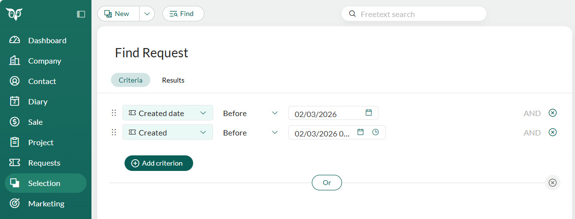 Request criteria for Created date and Created –screenshot