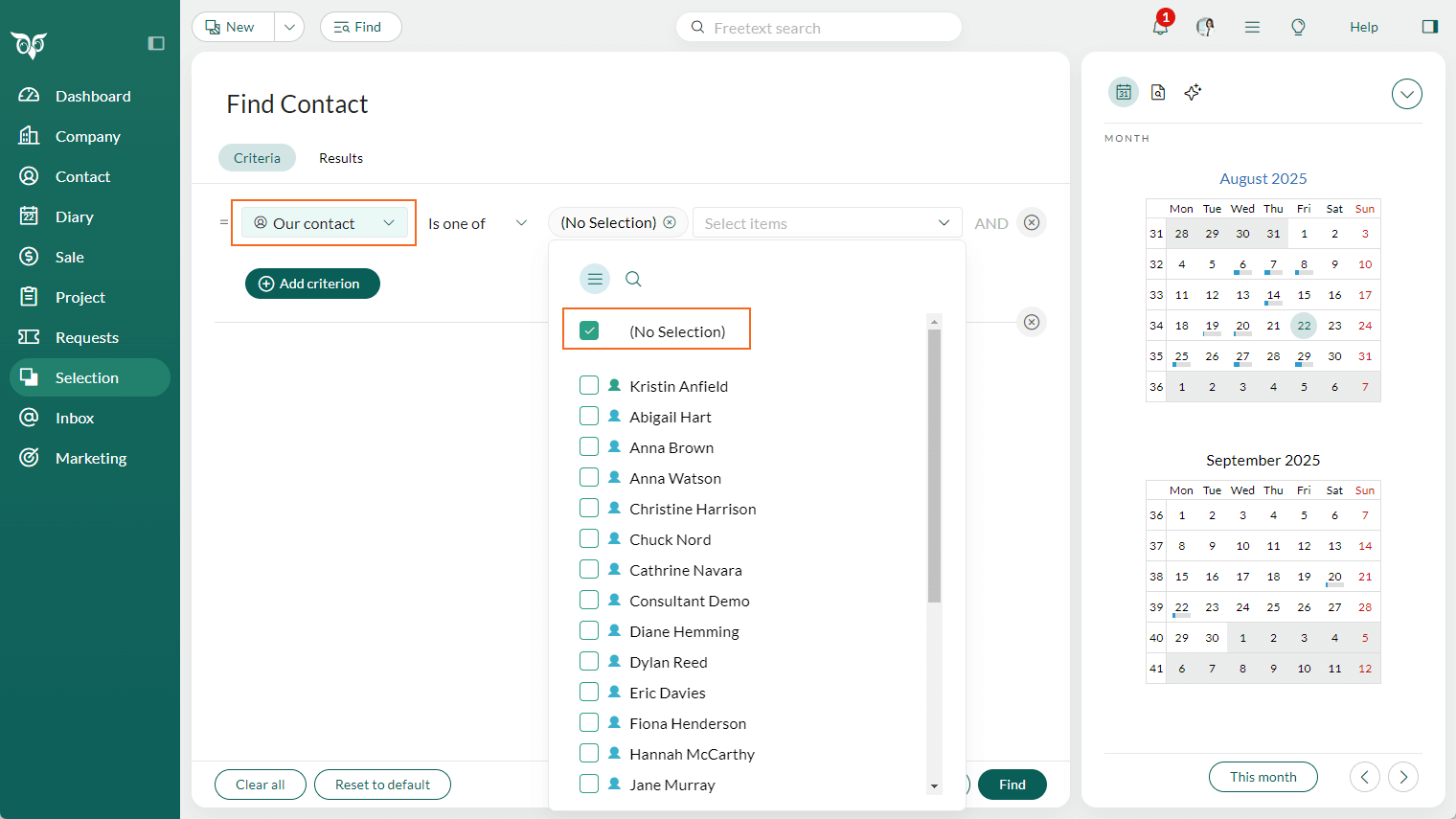 Search for companies and contacts with No selection in the field for Our contact -screenshot