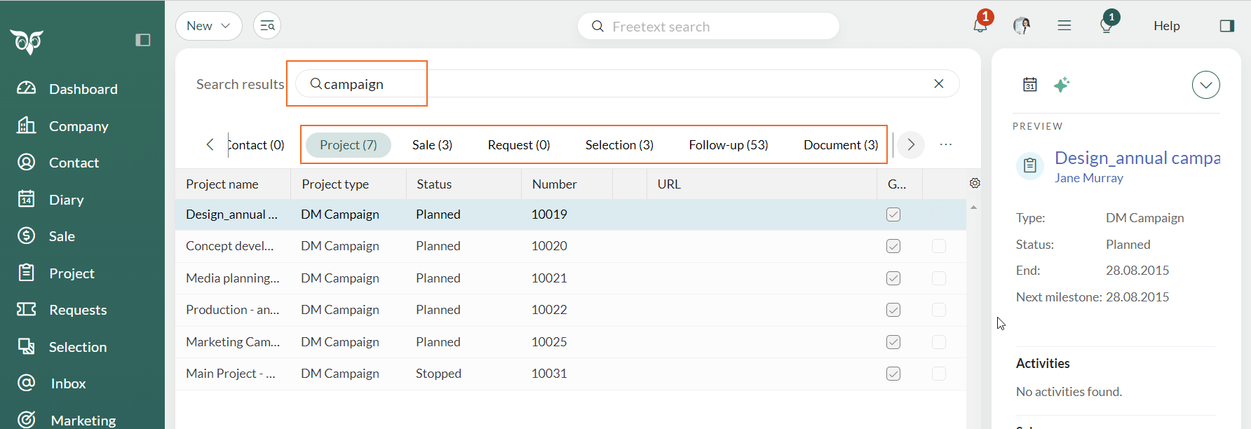 Top bar - Freetext search result list -screenshot