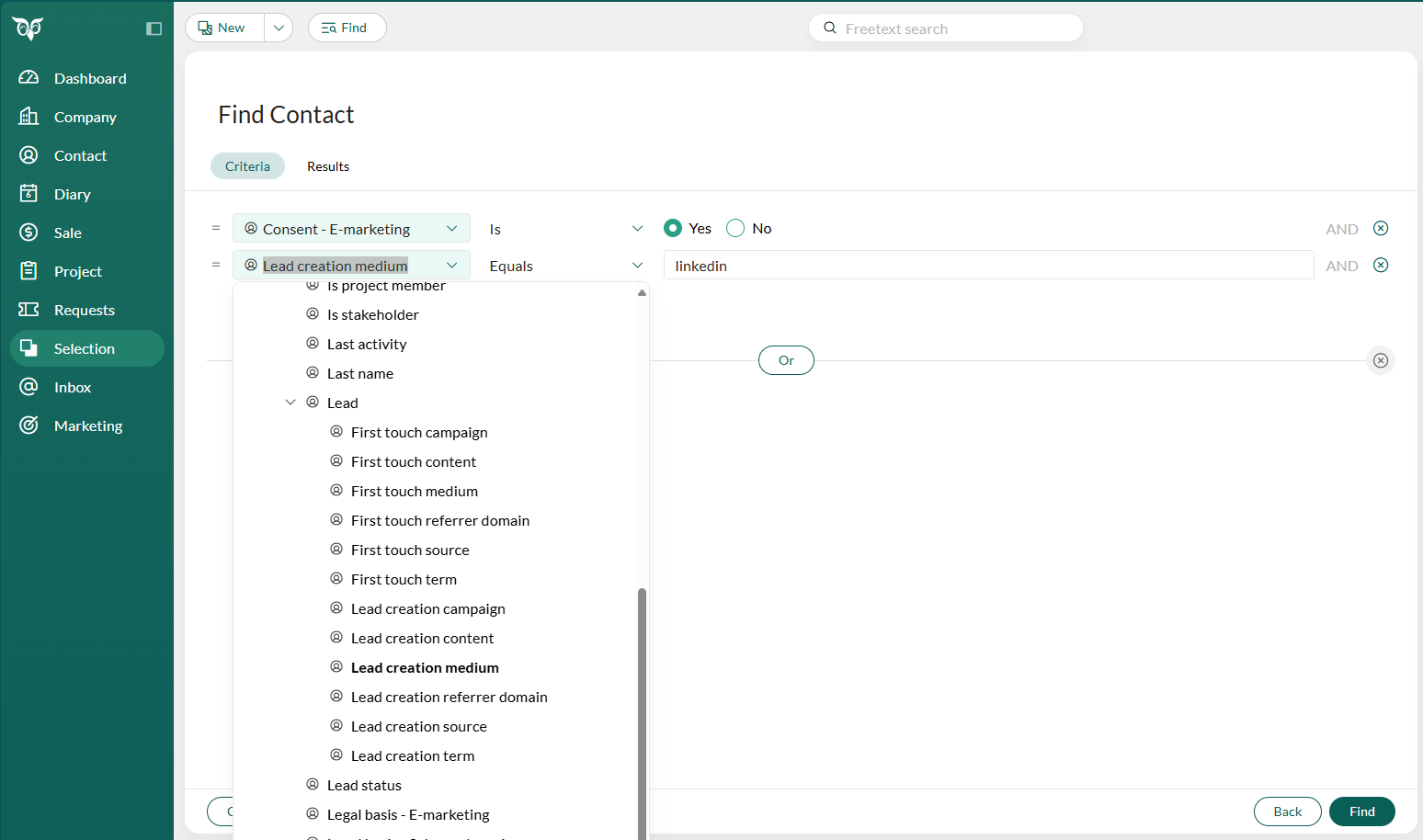 The Find screen showing UTM fields available as criteria -screenshot