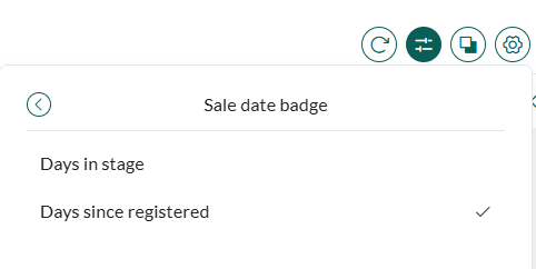 Sale date badge settings dialog with the options Days in stage and Days since registered. -screenshot