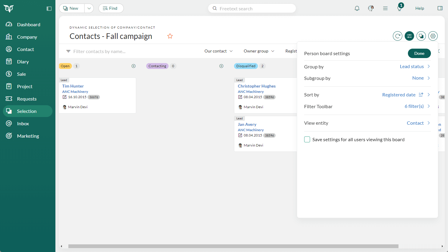 Contact selection with board view for lead status -screenshot