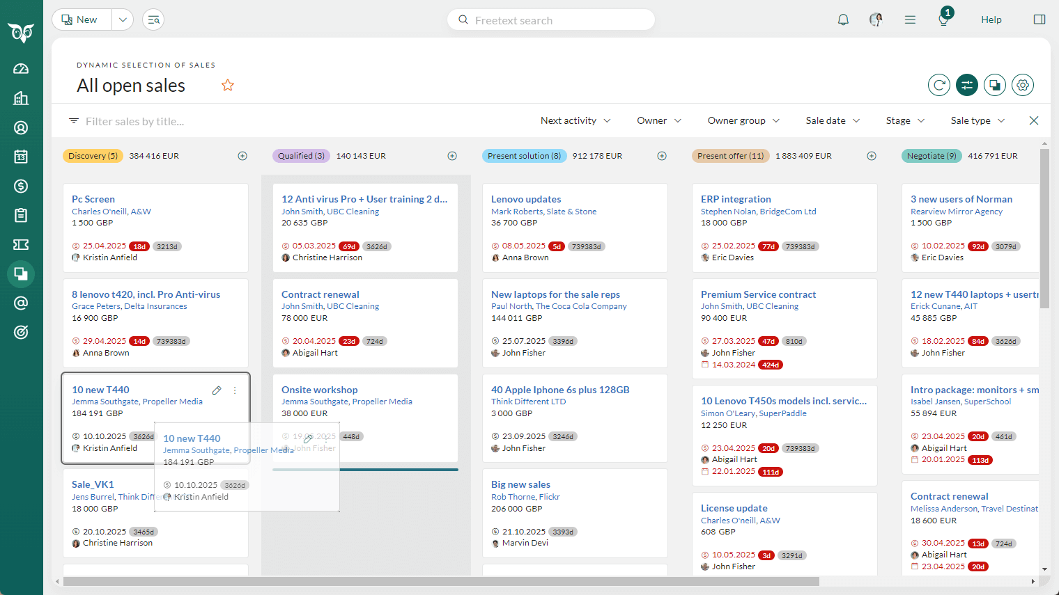 Drag and drop interaction moving a sale between board columns -screenshot