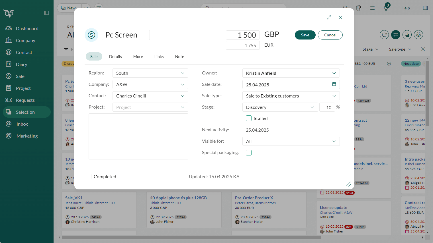 Edit form showing sale details and fields directly from the board -screenshot