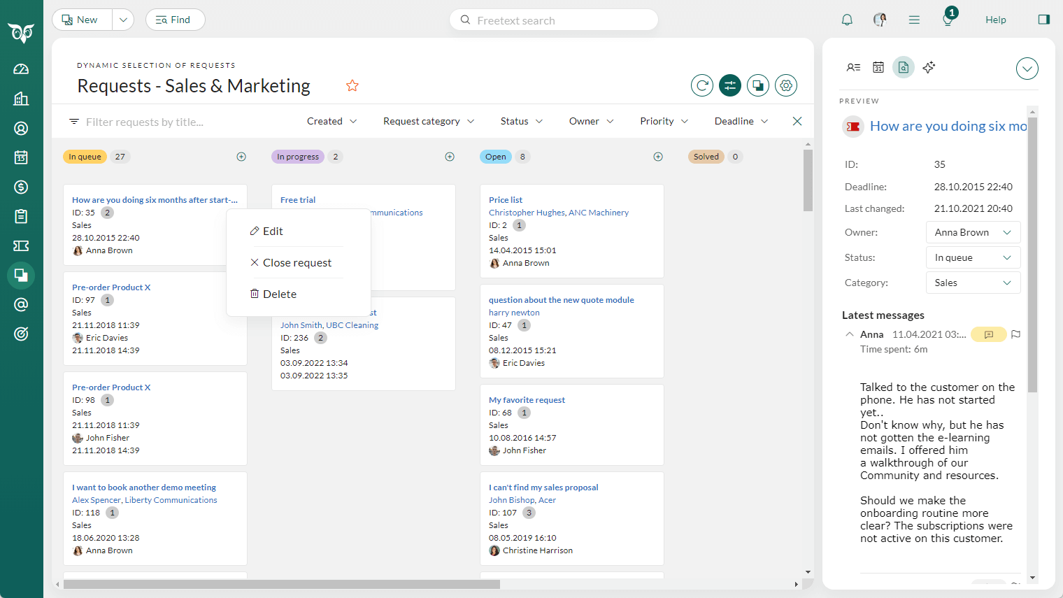 Board view showing request in a visual pipeline -screenshot