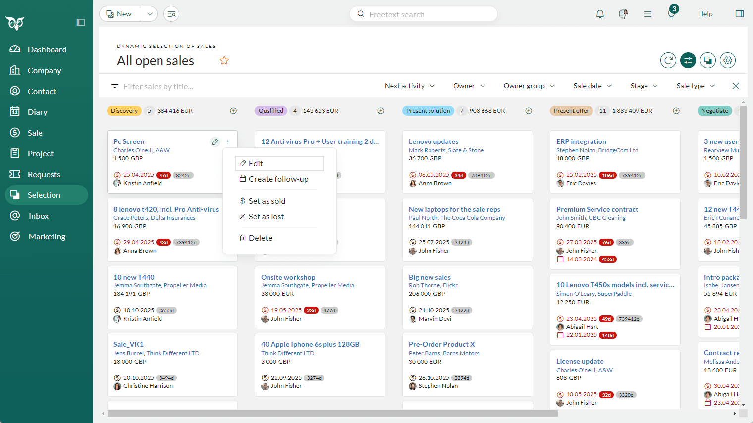 Hover menu with task and edit options for a sale card on the board -screenshot