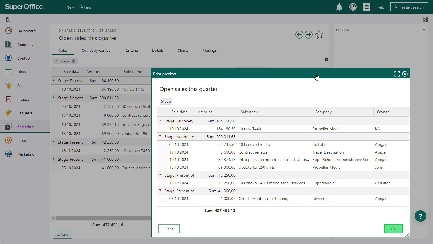 Selection - Use 'Print Selection' on a sale selection with grouping and column calculation -screenshot