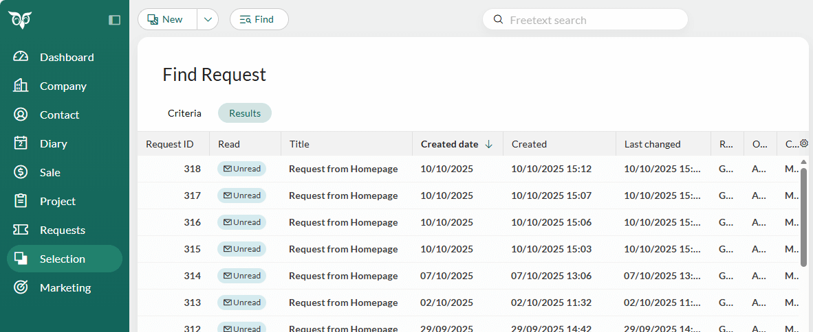 Request lists or selections shows column for Created date and Created –screenshot