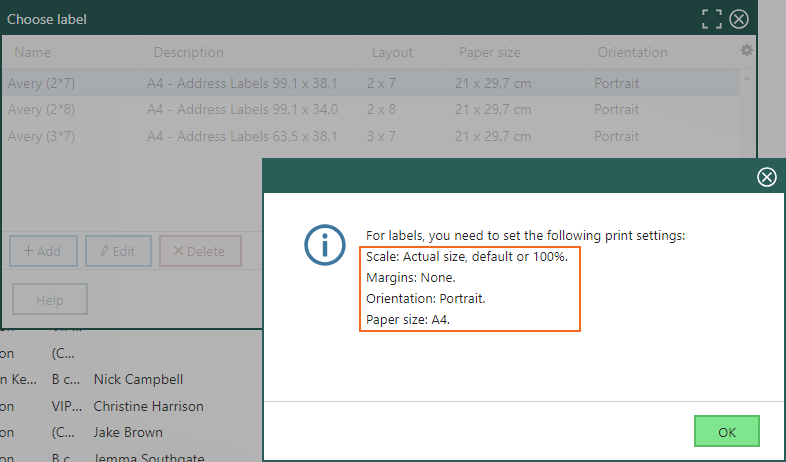 Selection - Print labels setup and required settings -screenshot