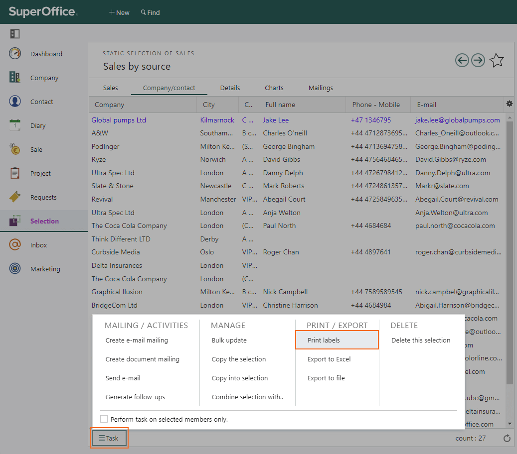 Selection - Print labels task for company -screenshot