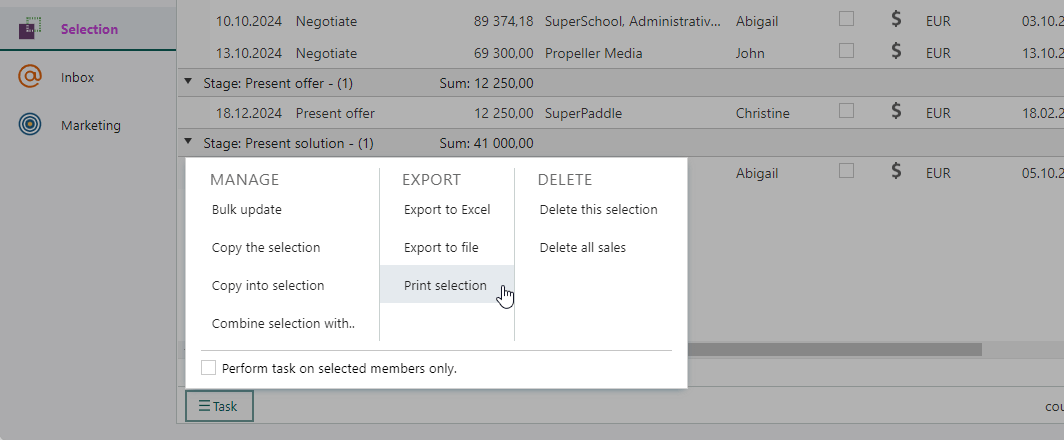 Selection - Print selection from the Task menu -screenshot