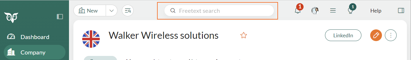 Top bar - Freetext search field -screenshot