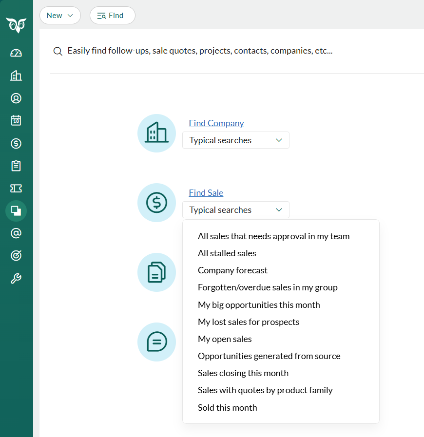 Typical searches let's you choose from a list of ready made searches to start your search -screenshot