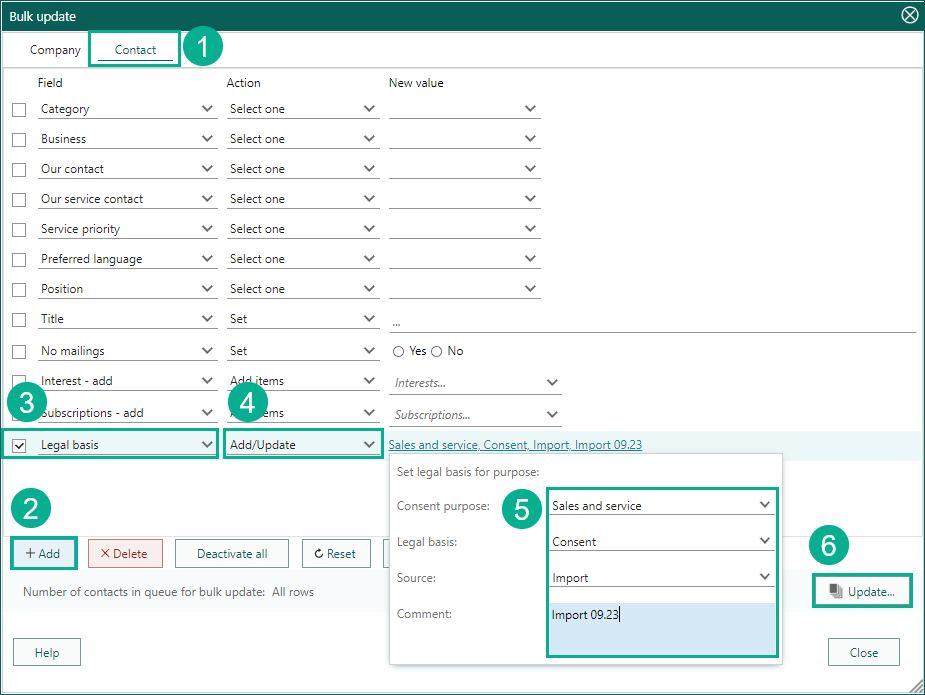 Bulk update add legal base for purpose -screenshot