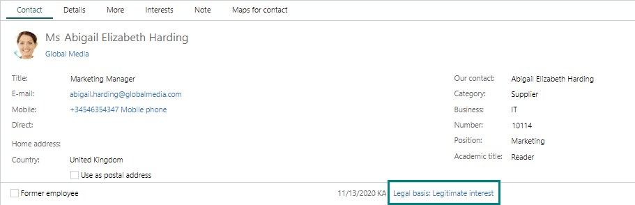 At the bottom of the Contact card you can open a person's privacy page by clicking the Legal basis: Legitimate interest button -screenshot