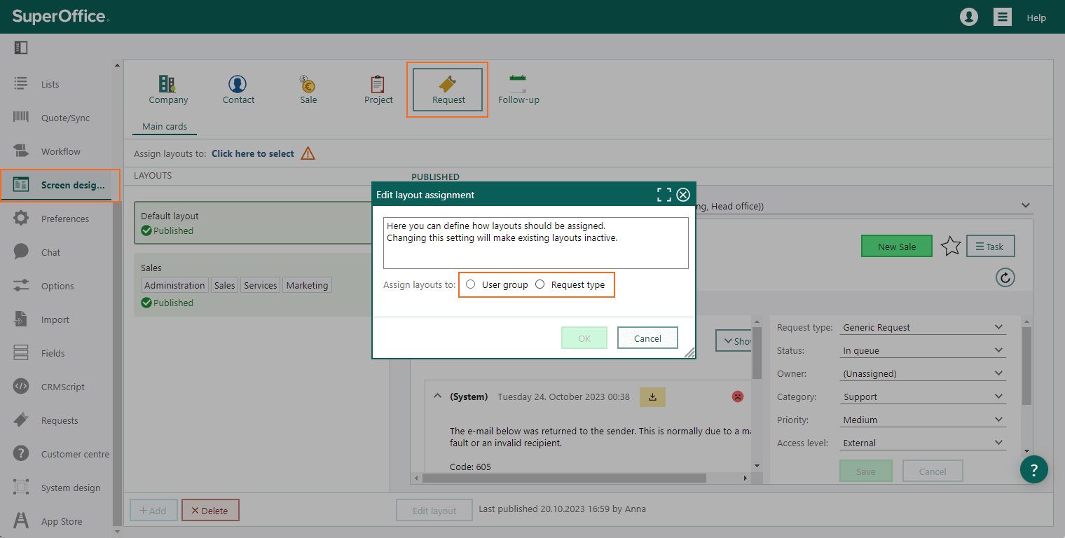 Settings and maintenance - Screen designer Requests - Select Assign layout -screenshot