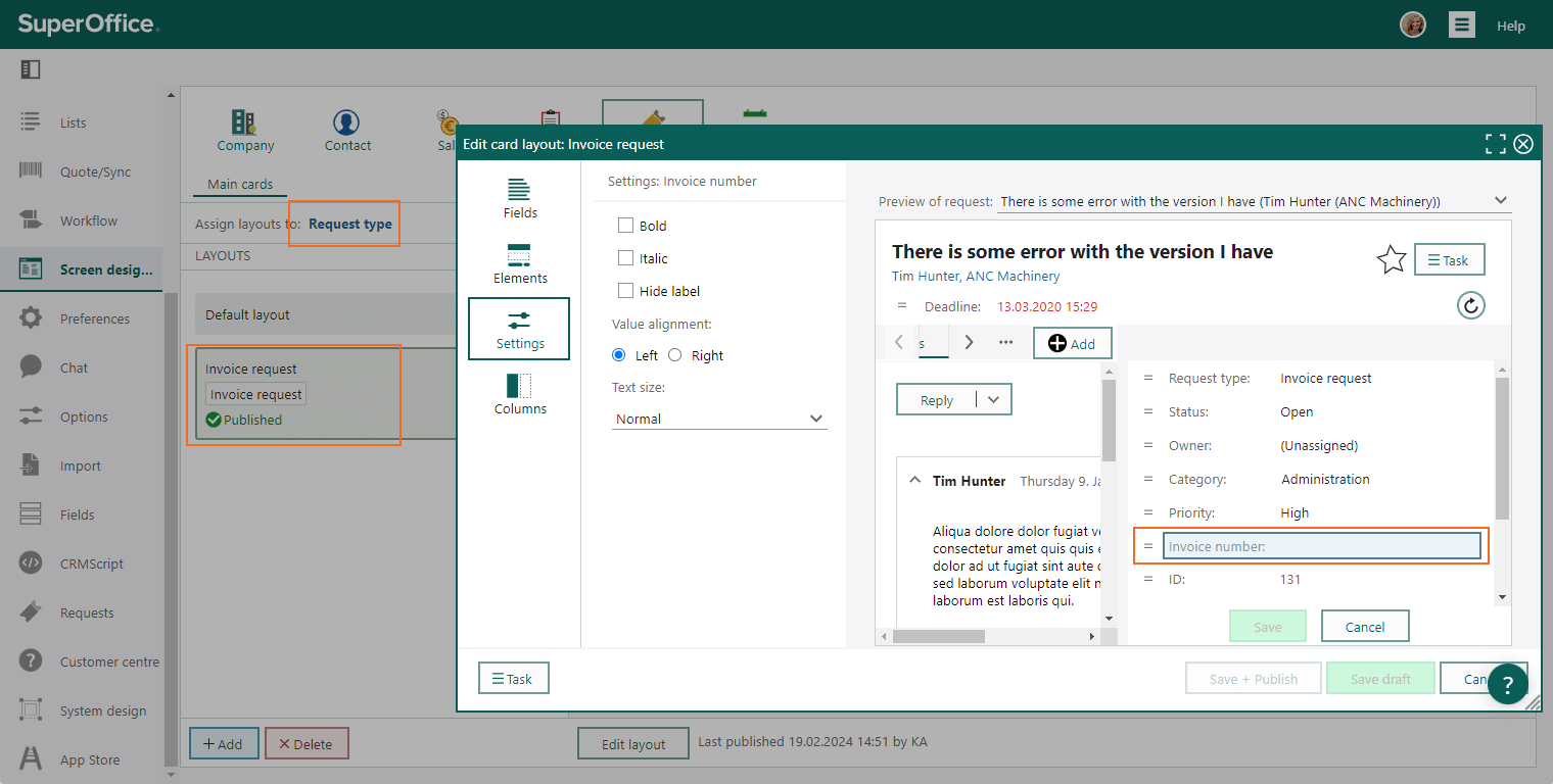 Settings and maintenance - Screen designer Requests - Add Invoice as field -screenshot