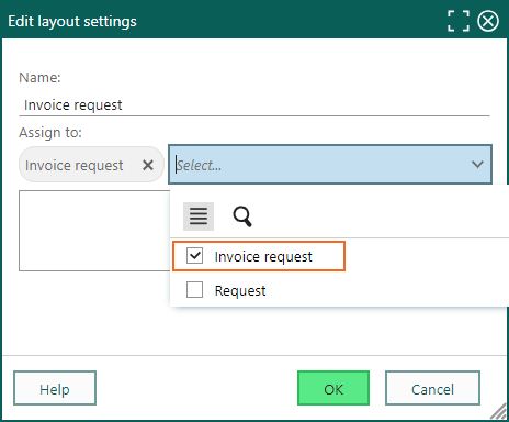 Settings and maintenance - Screen designer Requests - Assign layout to Request types -screenshot