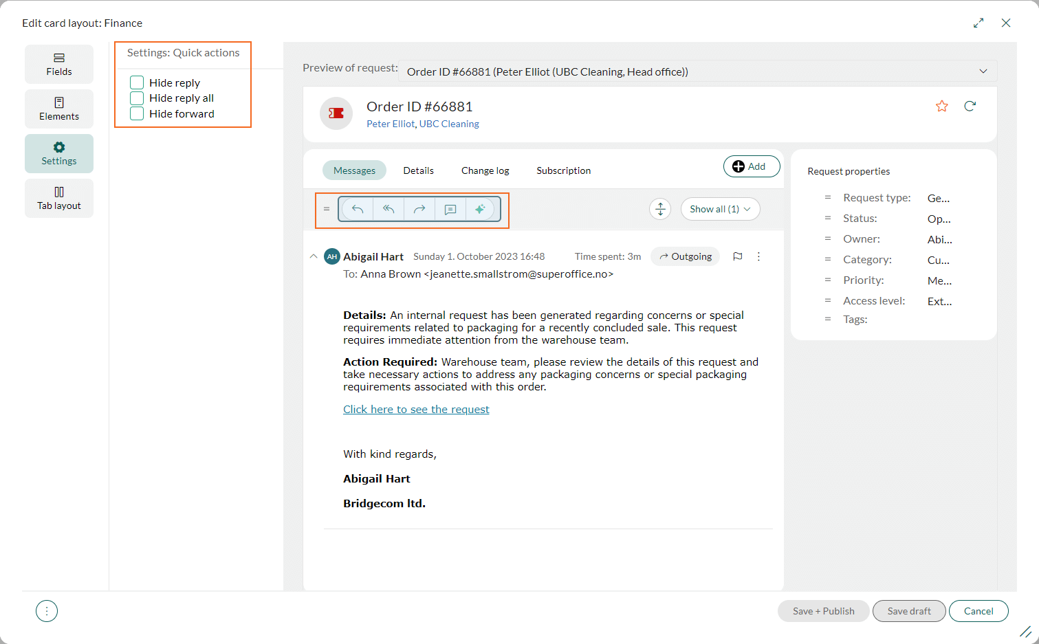 Screen designer - Hide standard quick action buttons for request message -screenshot