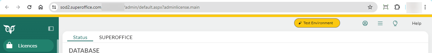 Test environment badge in Settings and maintenance –screenshot