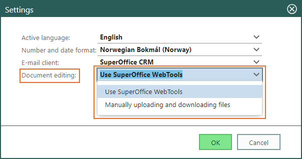 Document editing in Local settings dialog -screenshot