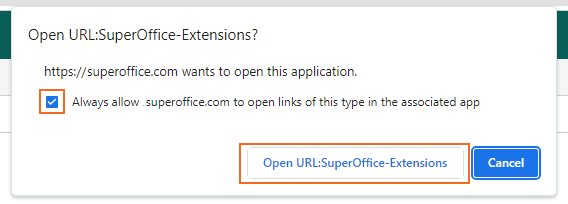 Chrome: Open URL:SuperOffice-Extensions button -screenshot