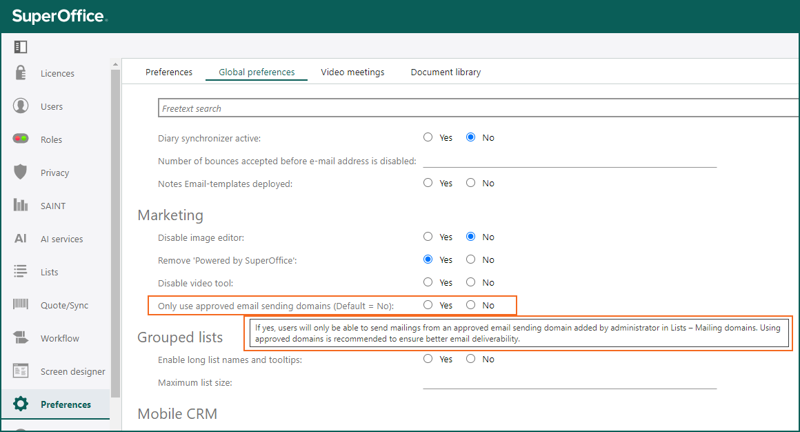 Set the global preferences on for Only use approved email sending domains -screenshot