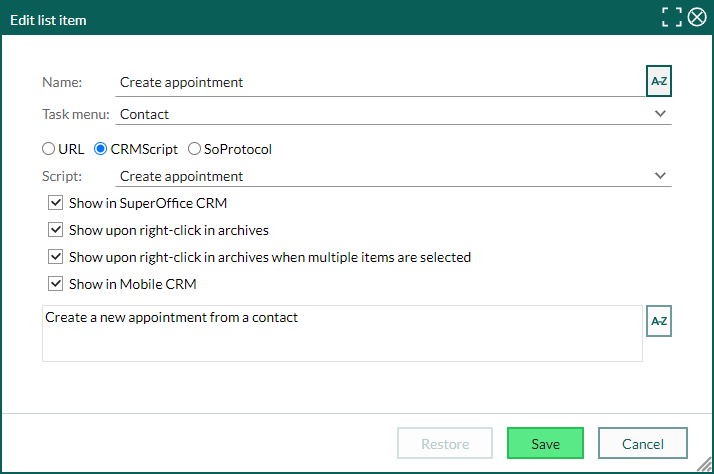 Setup of a custom task that runs a CRMScript -screenshot