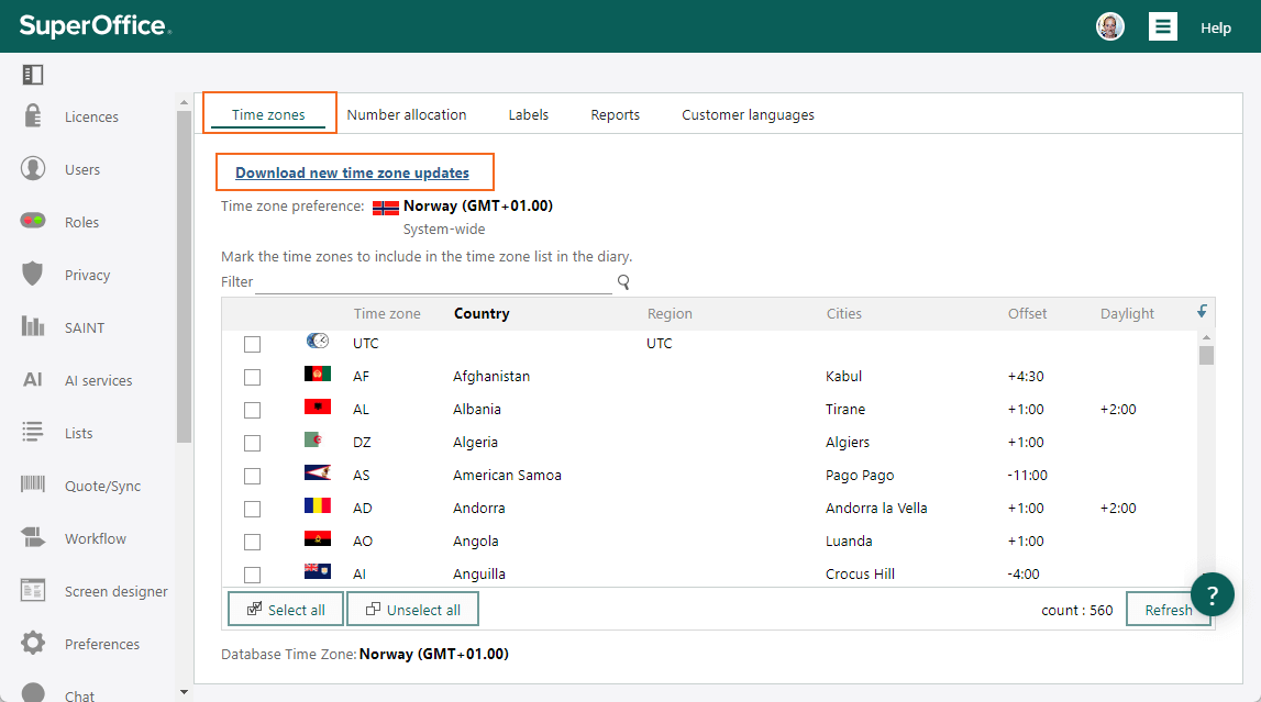 Admin with options and time zones - click to download an updated the time zones and Daylight Saving Time -screenshot