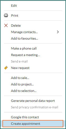 Run a custom task on Contact to Create appointment -app-screen