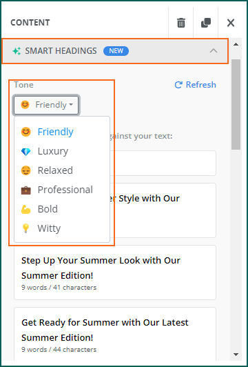 Smart heading drop down for tone -screenshot