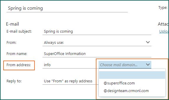 Email domain drop down in the from and reply address -screenshot