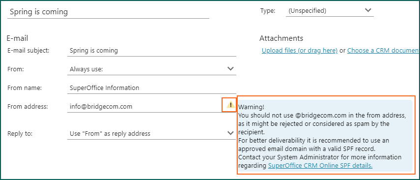 Email domain warning in From address -screenshot