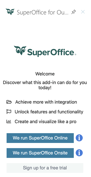 SuperOffice for Outlook login with server URL -app-screen