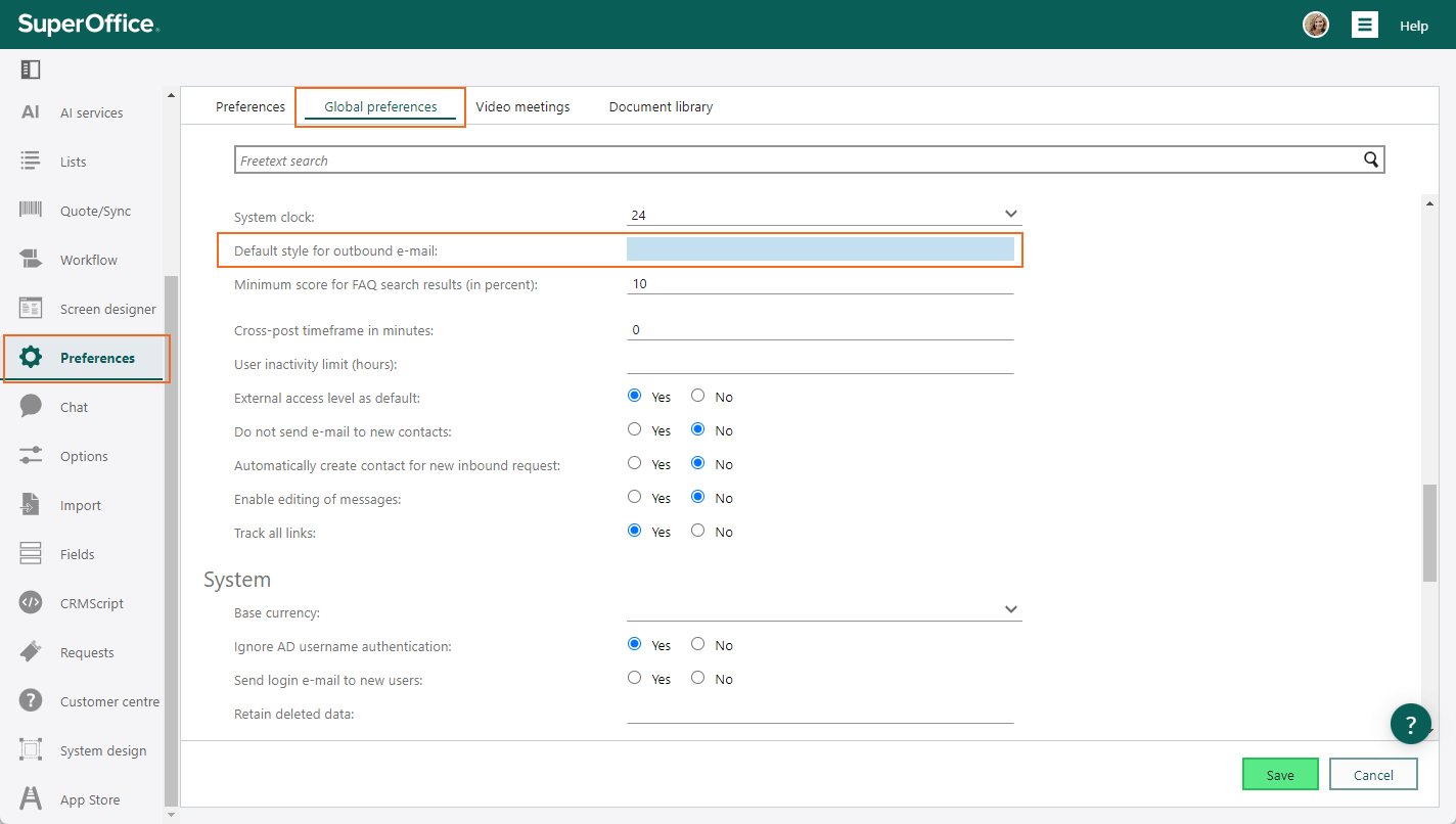 Global preference for default style for outbound emails -screenshot