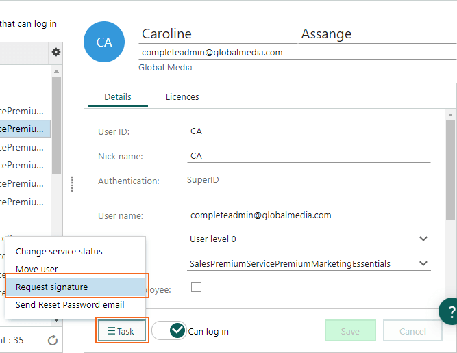 Admin User screen with Request signature task -screenshot