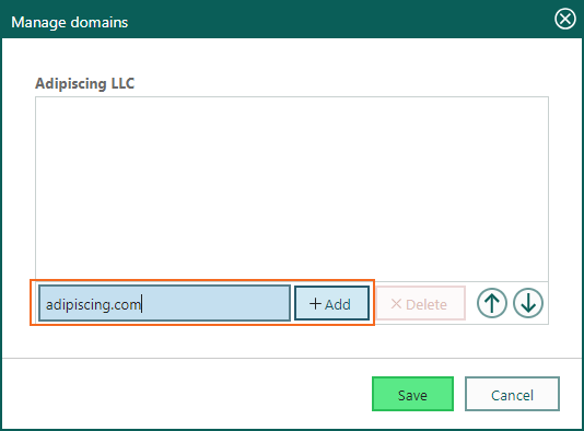 In the Manage domains dialog add the company's domain -screenshot