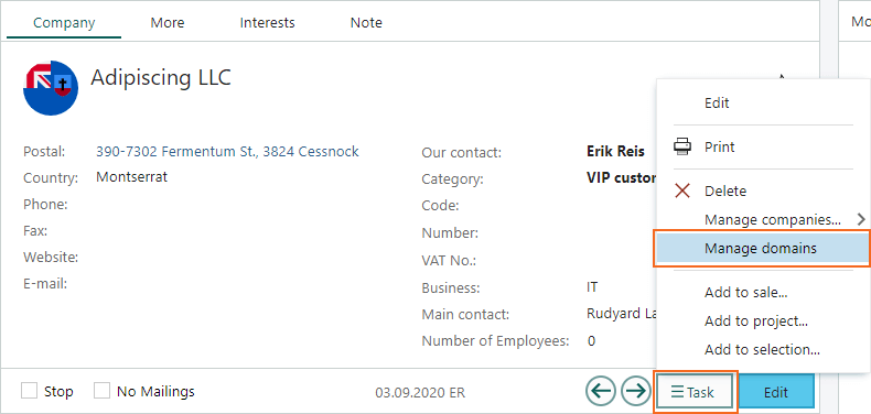 On the Task button on Company screen select Manage domains to add the company's domain -screenshot