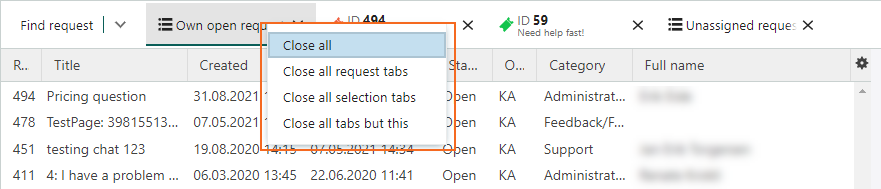 Close all or selected request tabs -screenshot